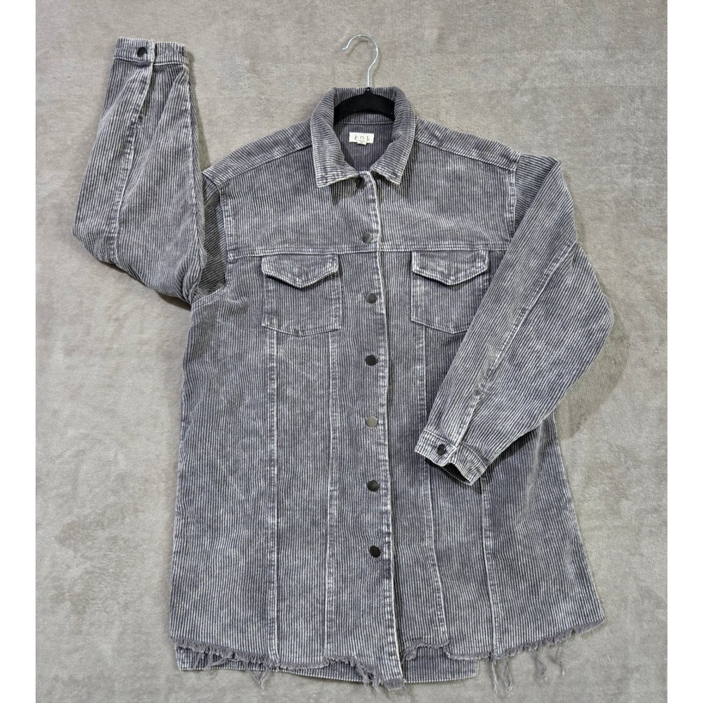 POL Corduroy Shacket Women Small Gray Acid Wash Distressed Raw Hem Boho Oversize